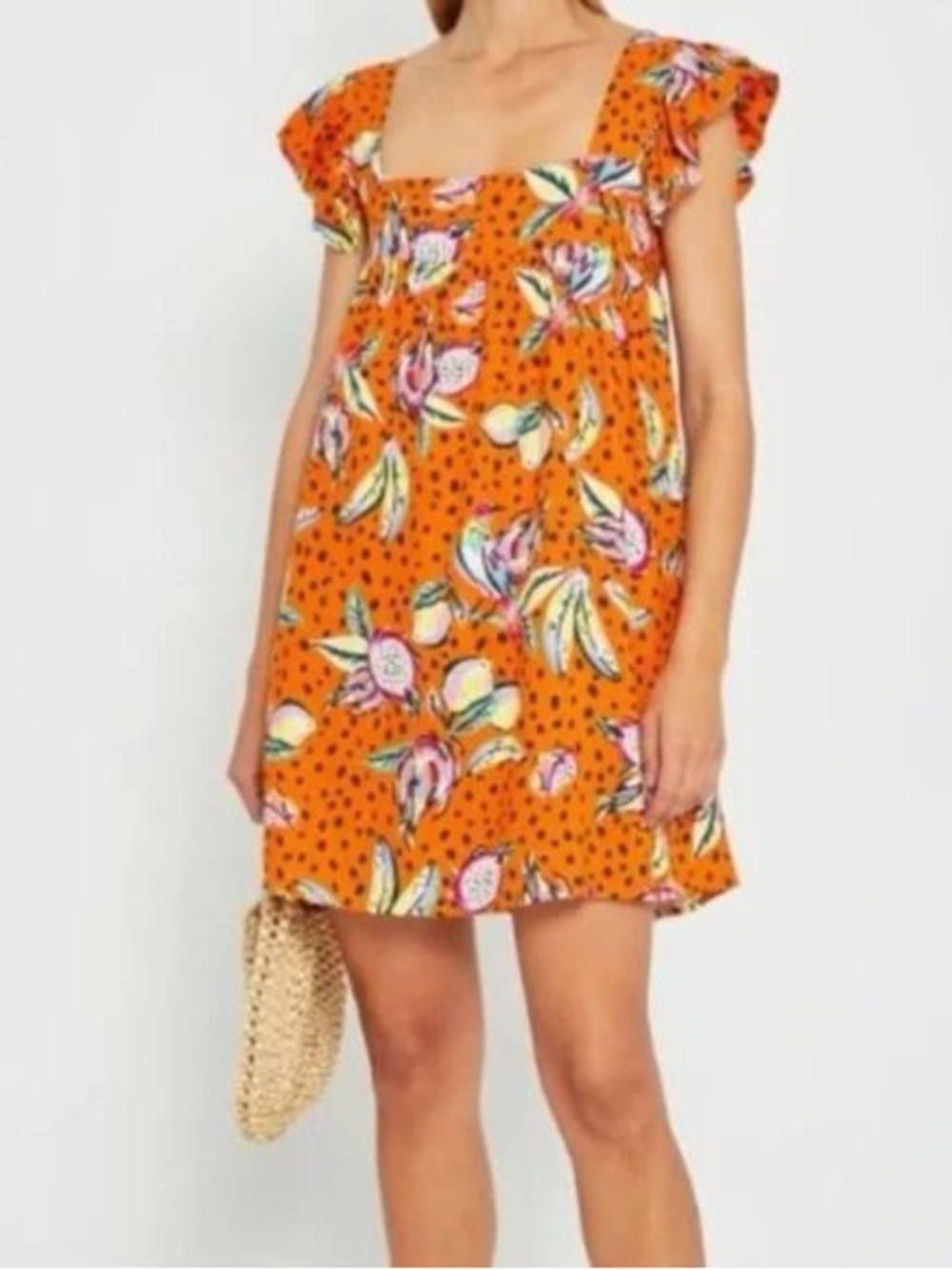 Anthropologie Kourt Aria linen blend tropical fruit babydoll mini dress
